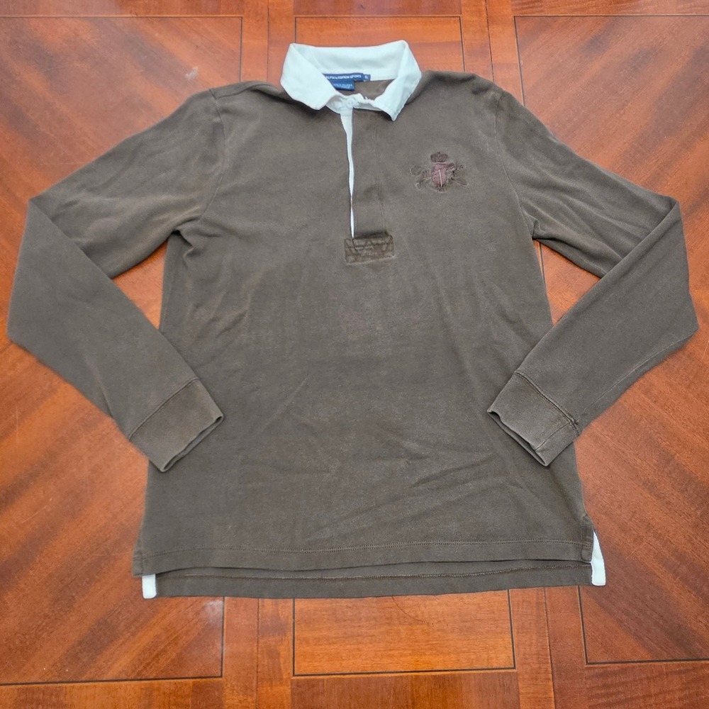 Ralph Lauren Sport Rugby Shirt Womens XL Brown Long Sleeve Polo Players Crest